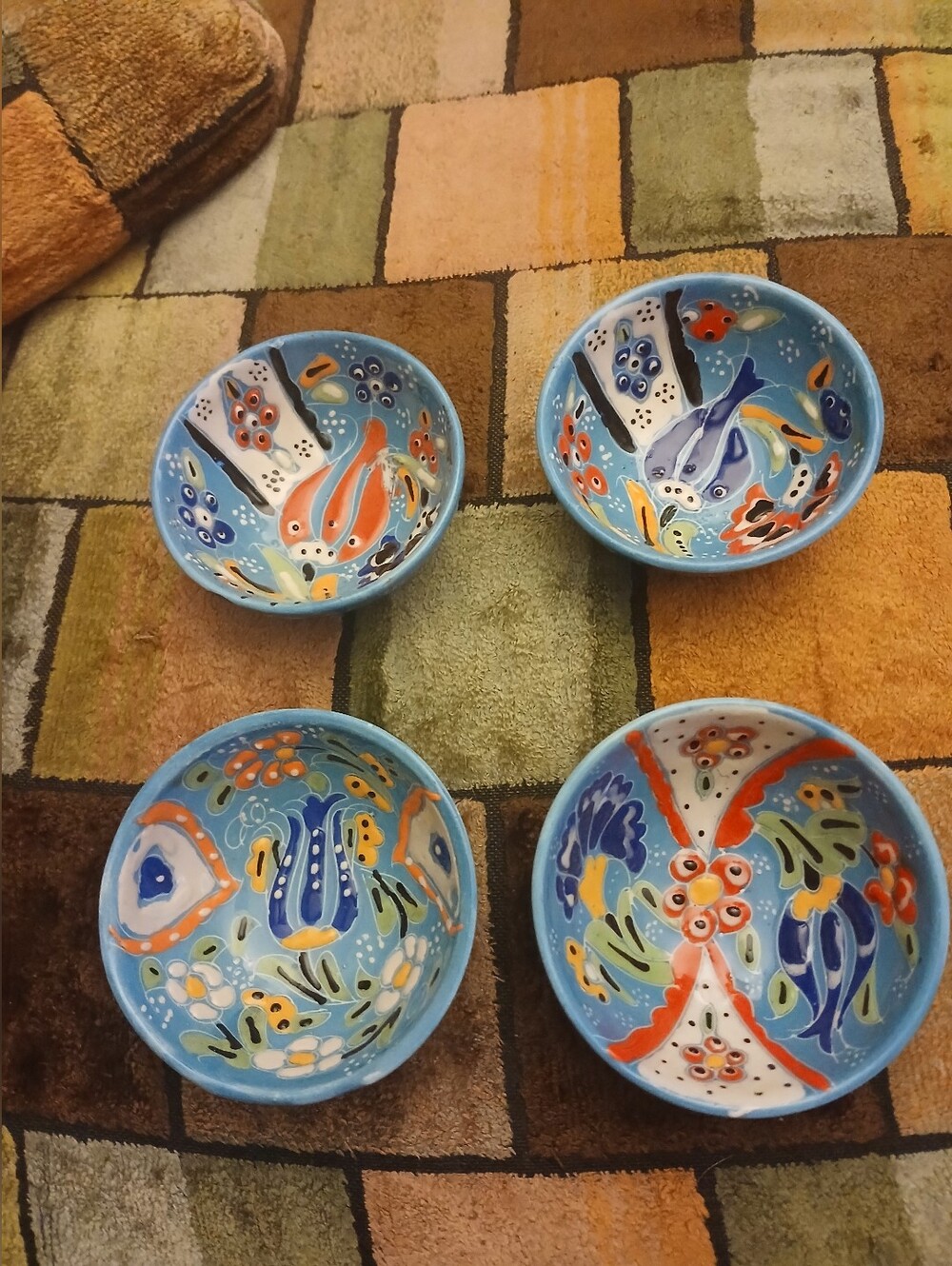 Hand-Painted Ceramic Bowls Set in Blue and Multicolor